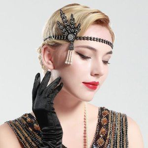 1920s Black Flapper Headband Great Gatsby Headpiece